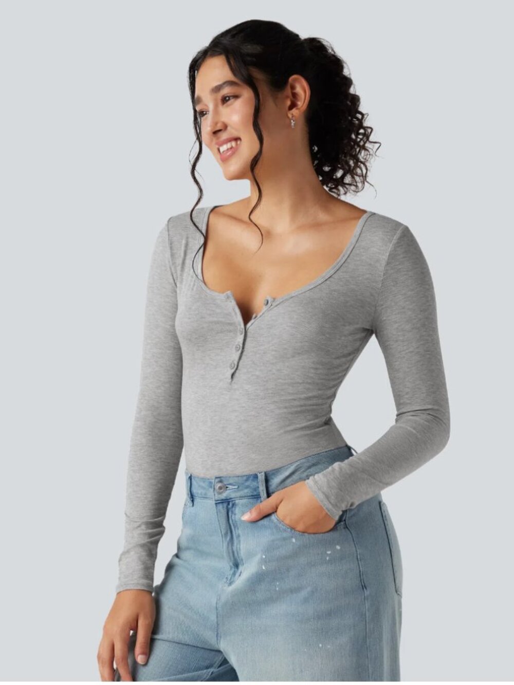 Halara Ribbed Henley Neck Long Sleeve Slim Casual T-Shirt - Fog Gray